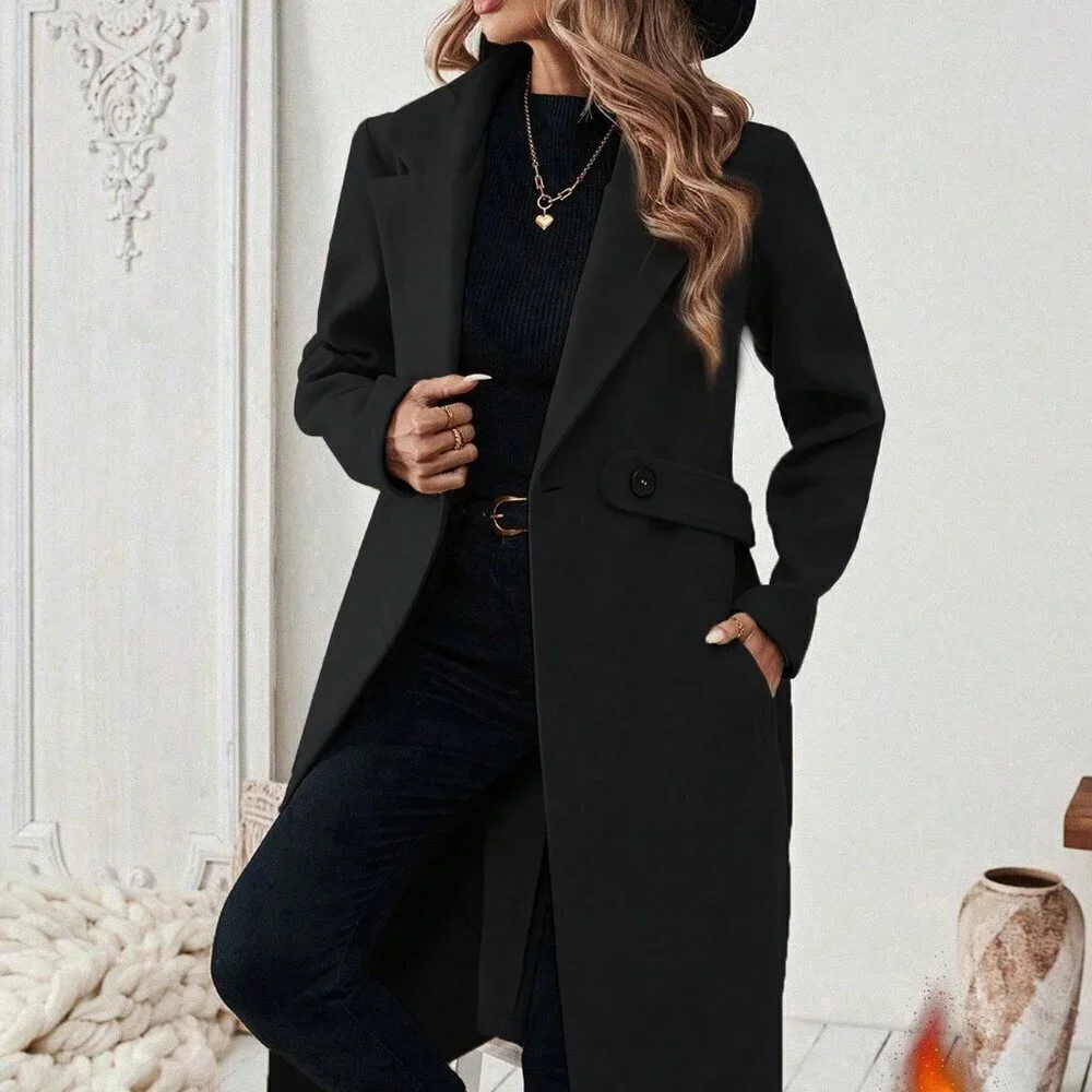 Black Casual Women's Flat Collar Pocket Belted Long Sleeve Coat Jacket